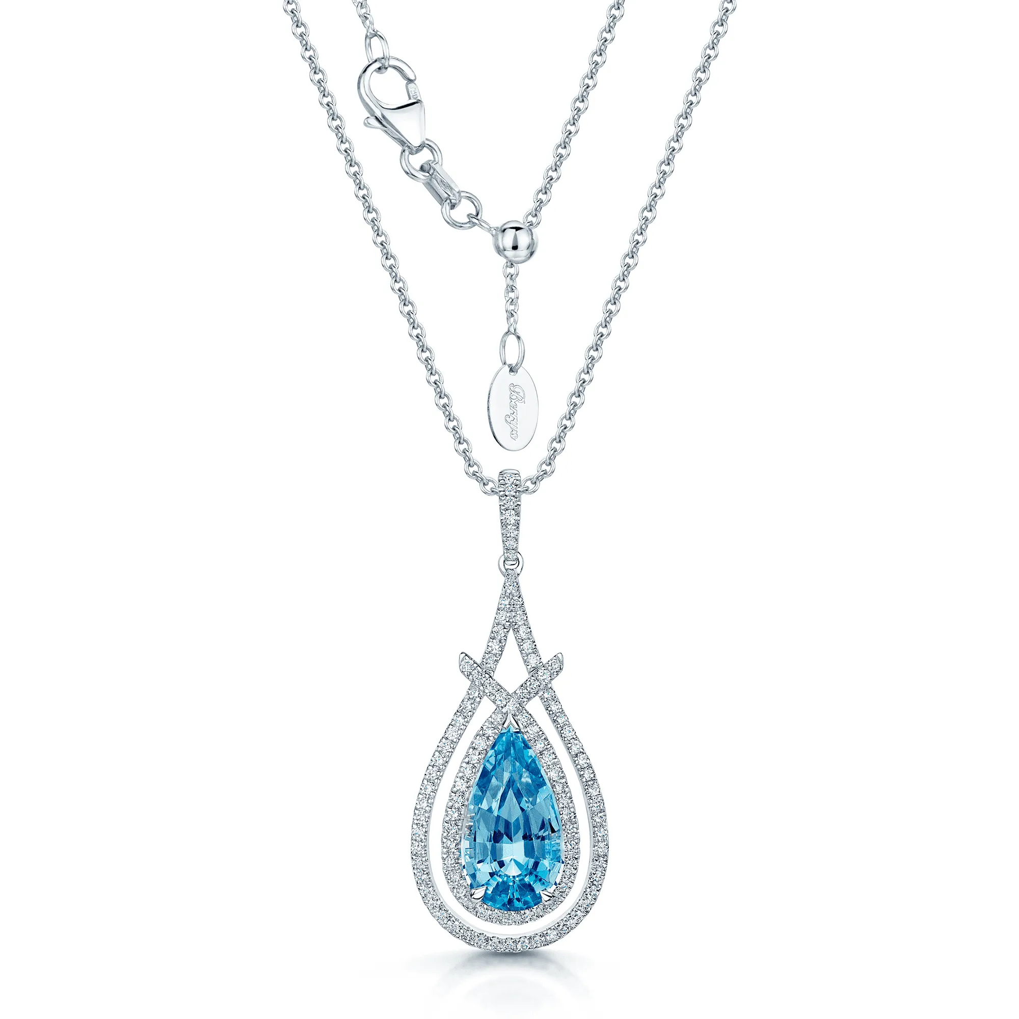 18ct White Gold Pear Aquamarine And Diamond Double Framed Pendant With A Diamond Bale