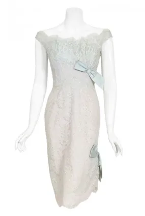 1958 Ceil Chapman Baby-Blue Lace Documented Hourglass Bow Cocktail Dress