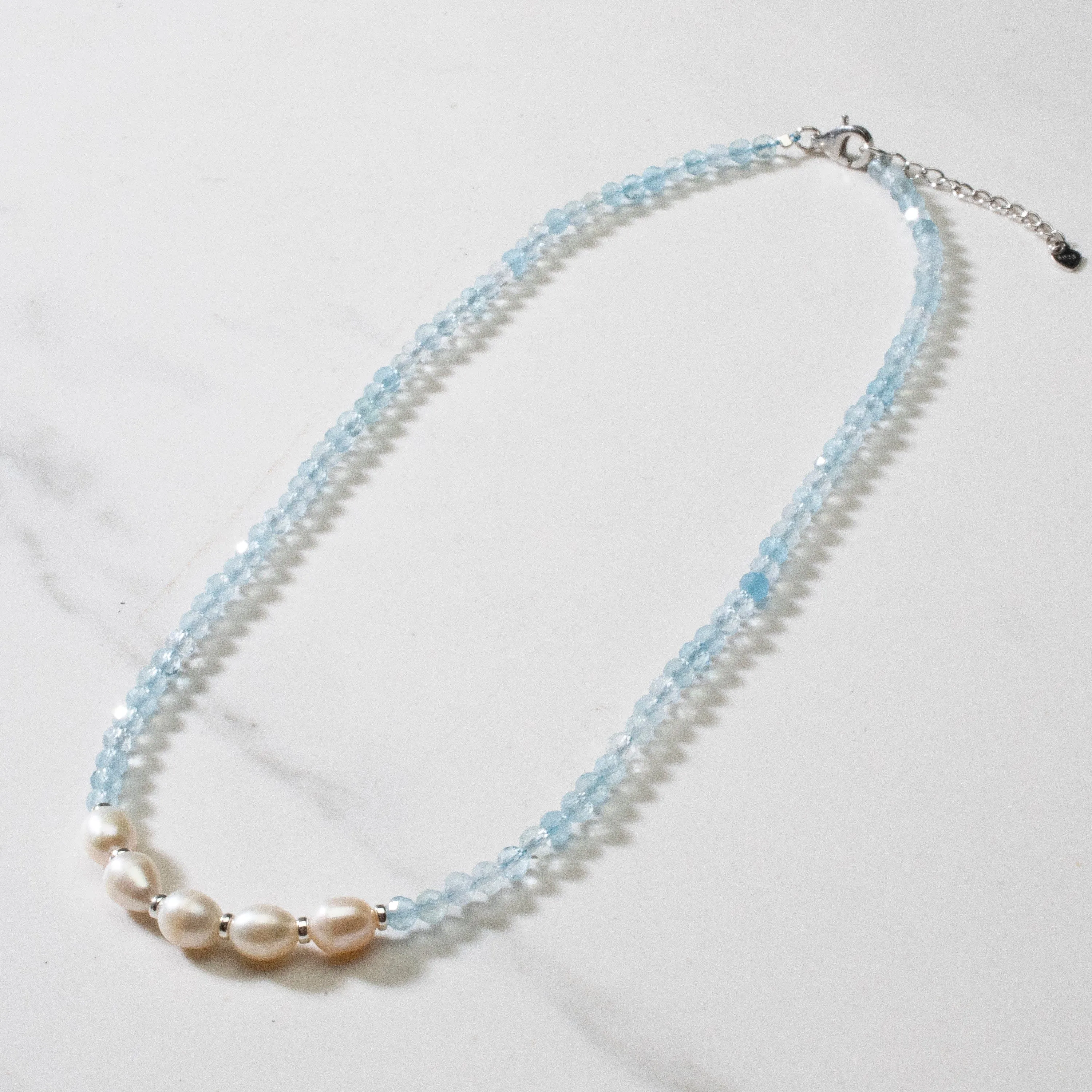 4mm Faceted Aquamarine Bead Necklace with 5 Pearls with 925 Silver Clasp