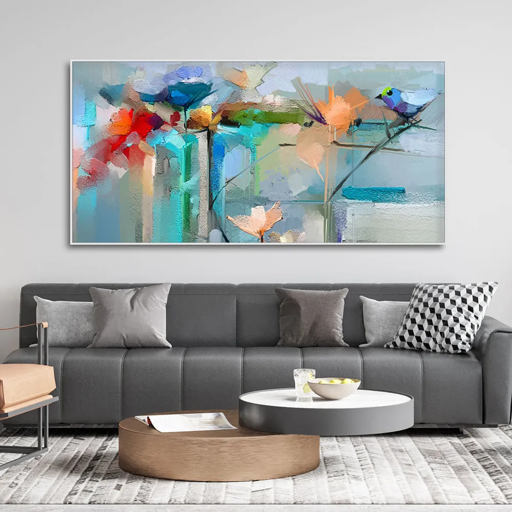 Abstract Colorful Canary Bird with Flowers Canvas Wall Painting