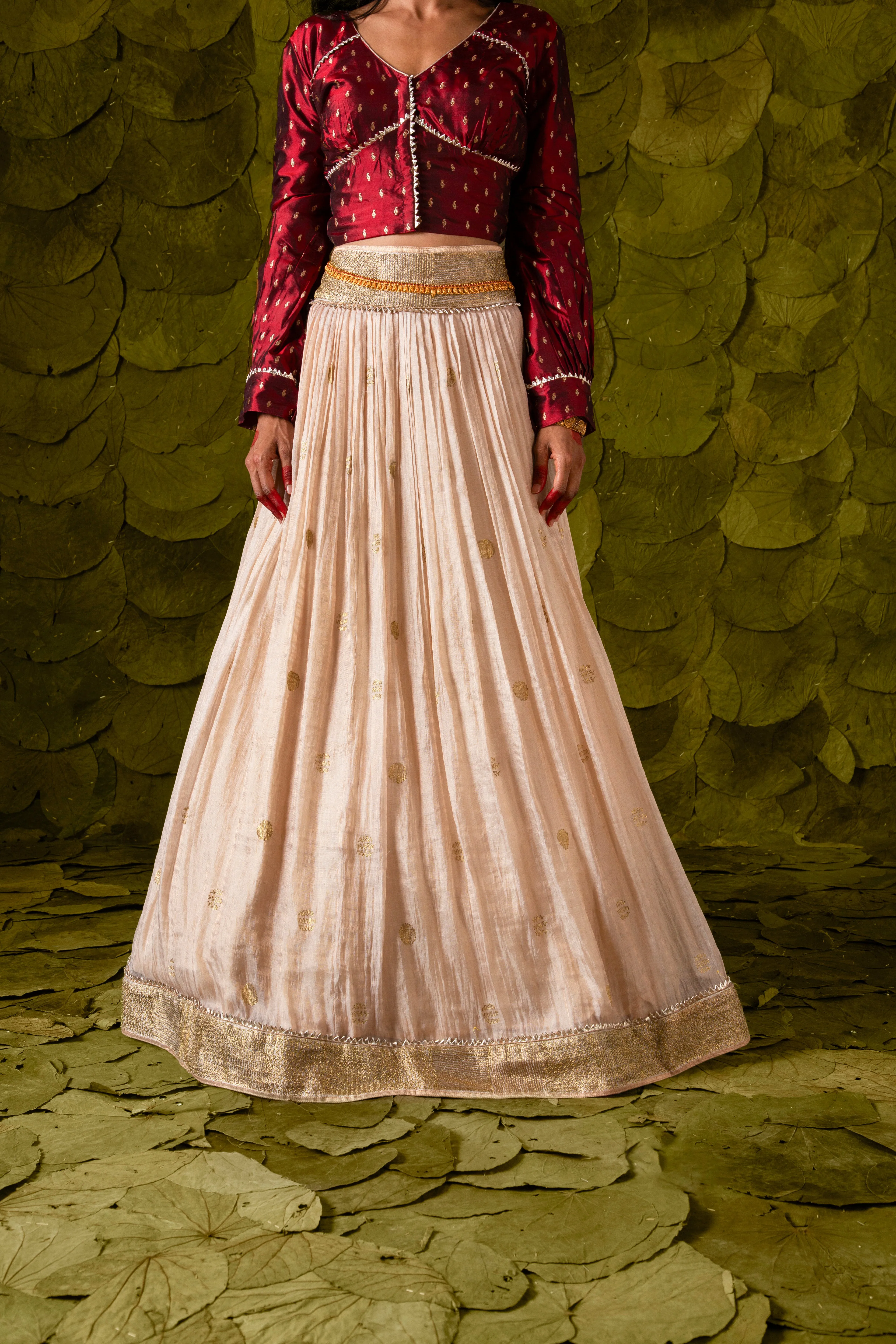 Aṭṭige (ಅತ್ತಿಗೆ) Lehenga in Blood Red Maroon and Rose Dust Off-White