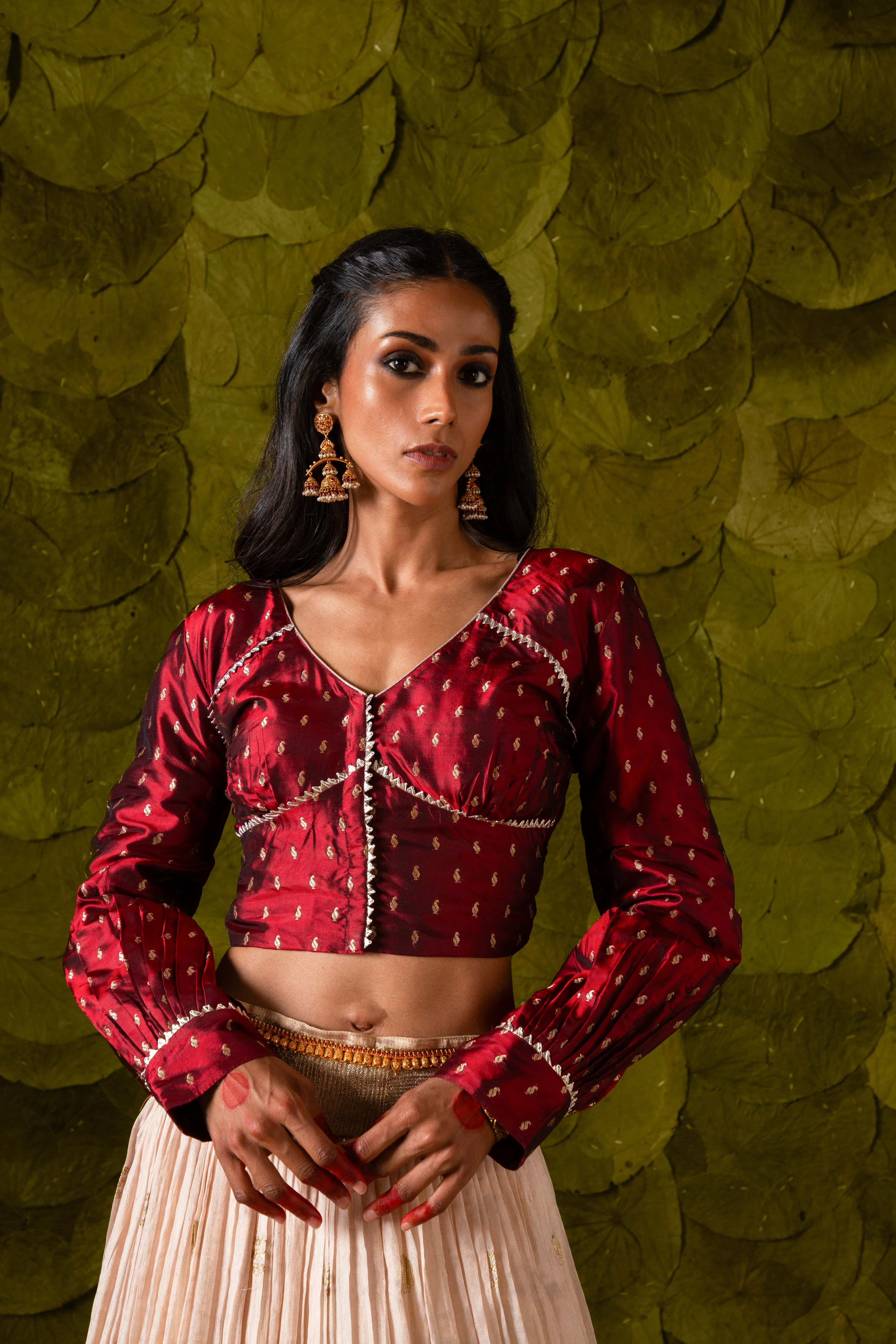 Aṭṭige (ಅತ್ತಿಗೆ) Lehenga in Blood Red Maroon and Rose Dust Off-White