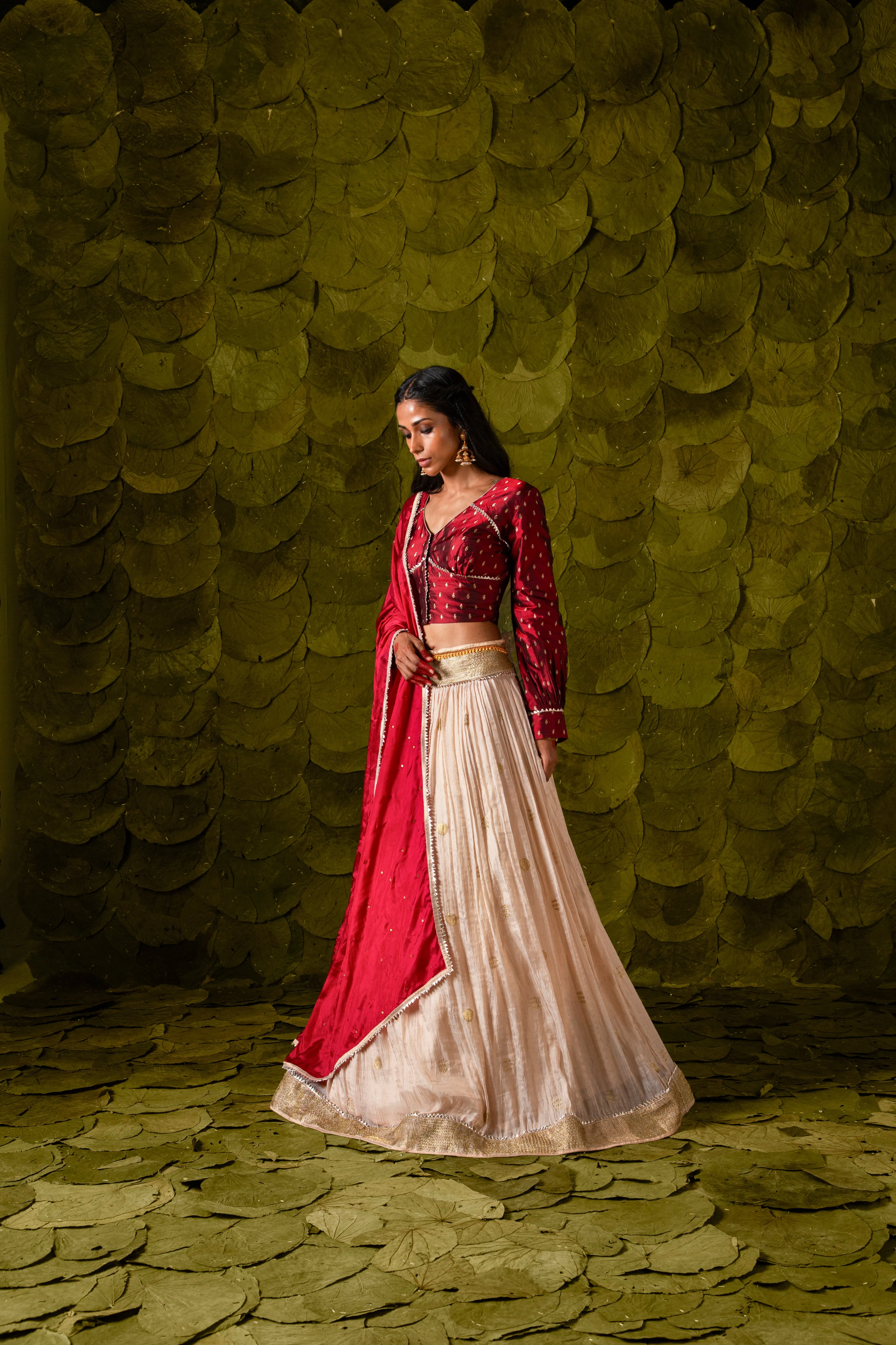 Aṭṭige (ಅತ್ತಿಗೆ) Lehenga in Blood Red Maroon and Rose Dust Off-White