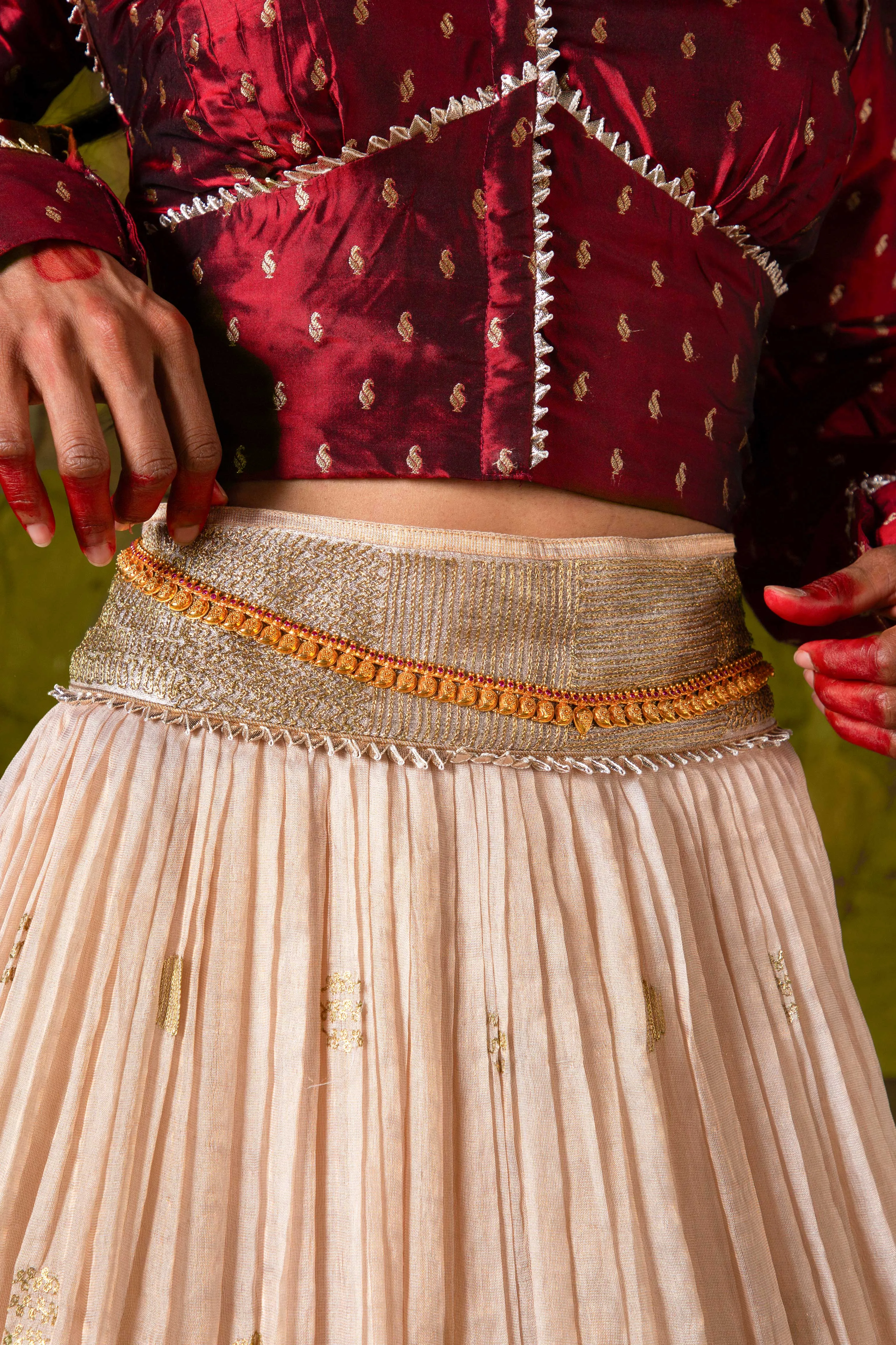 Aṭṭige (ಅತ್ತಿಗೆ) Lehenga in Blood Red Maroon and Rose Dust Off-White