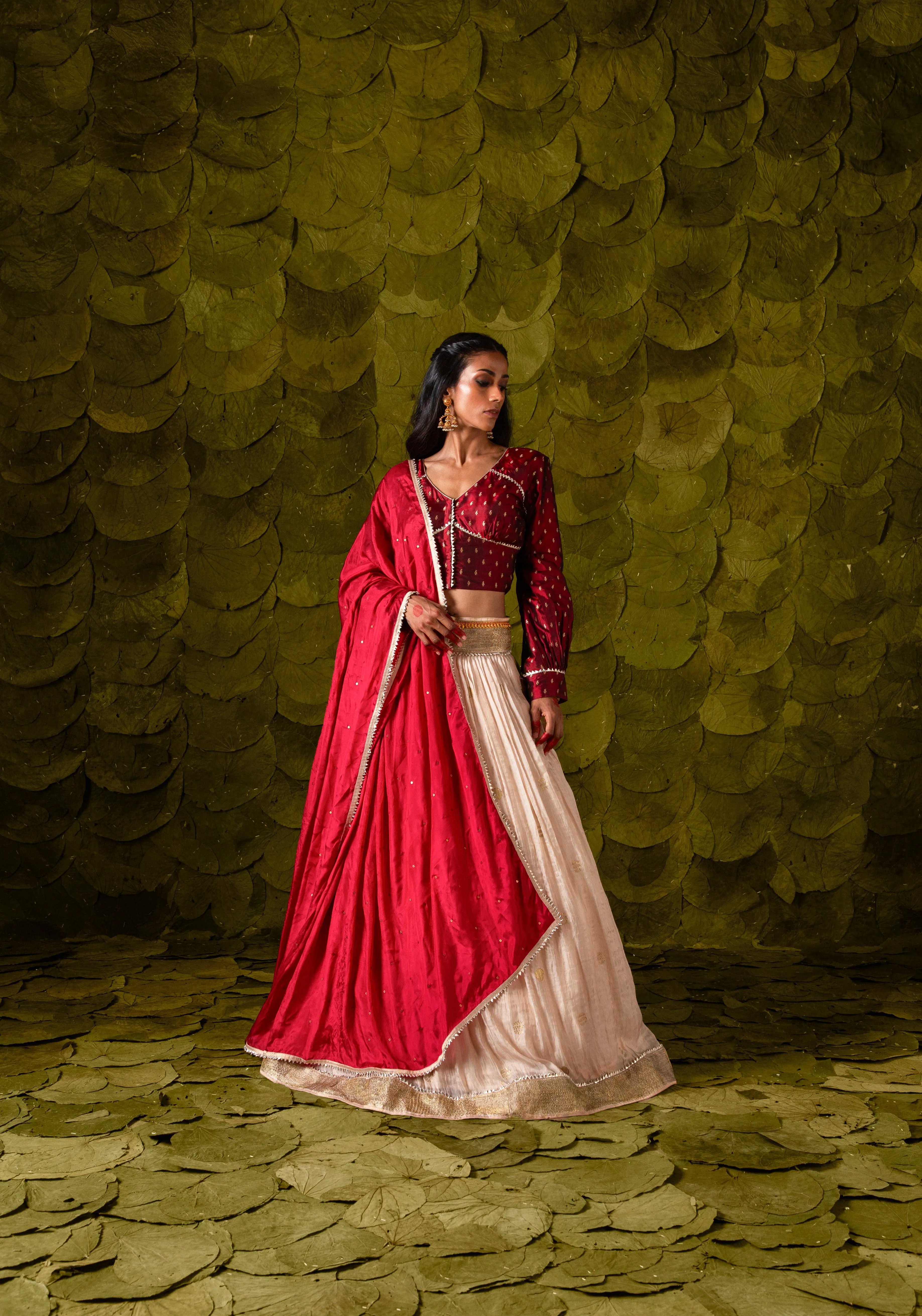 Aṭṭige (ಅತ್ತಿಗೆ) Lehenga in Blood Red Maroon and Rose Dust Off-White