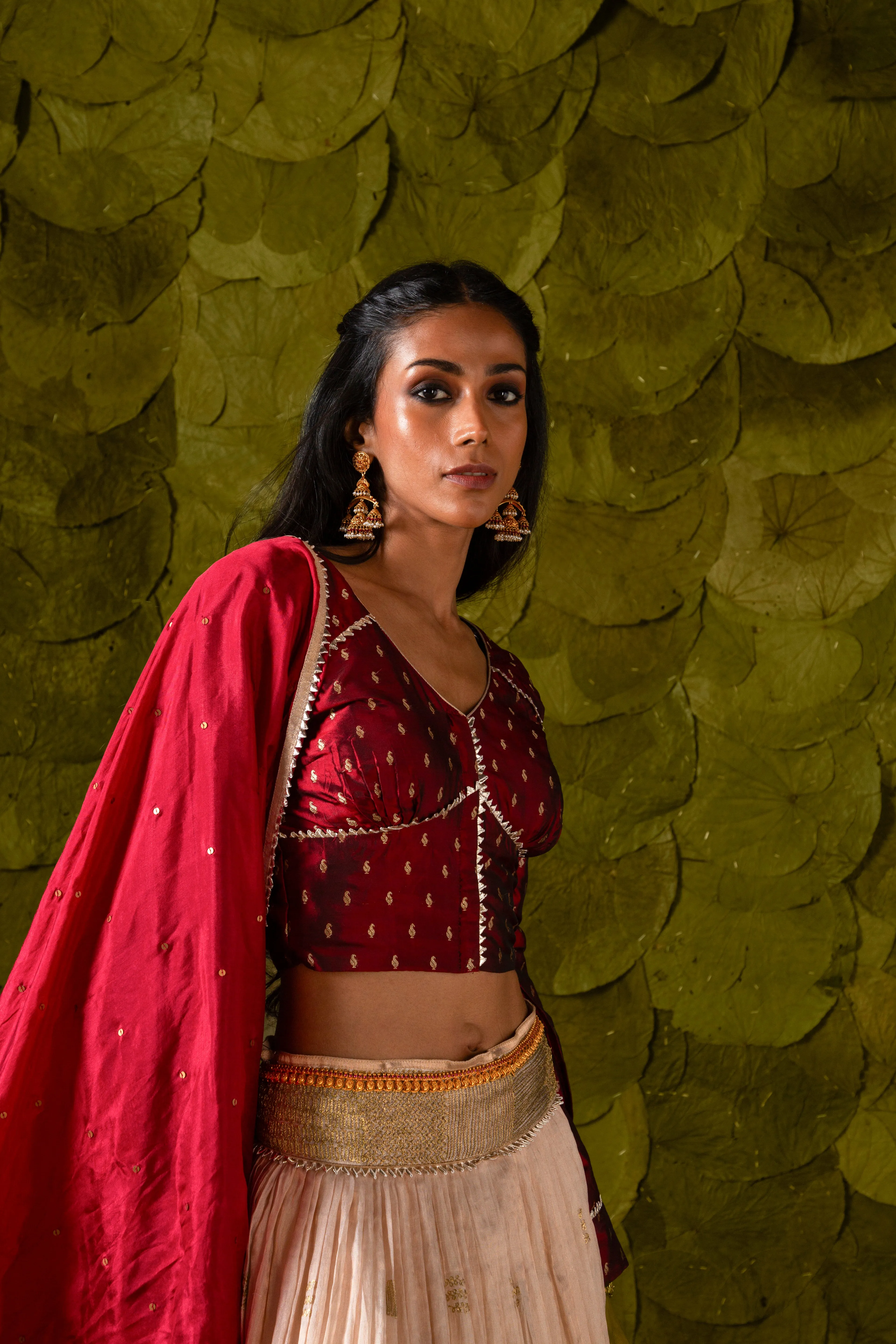 Aṭṭige (ಅತ್ತಿಗೆ) Lehenga in Blood Red Maroon and Rose Dust Off-White