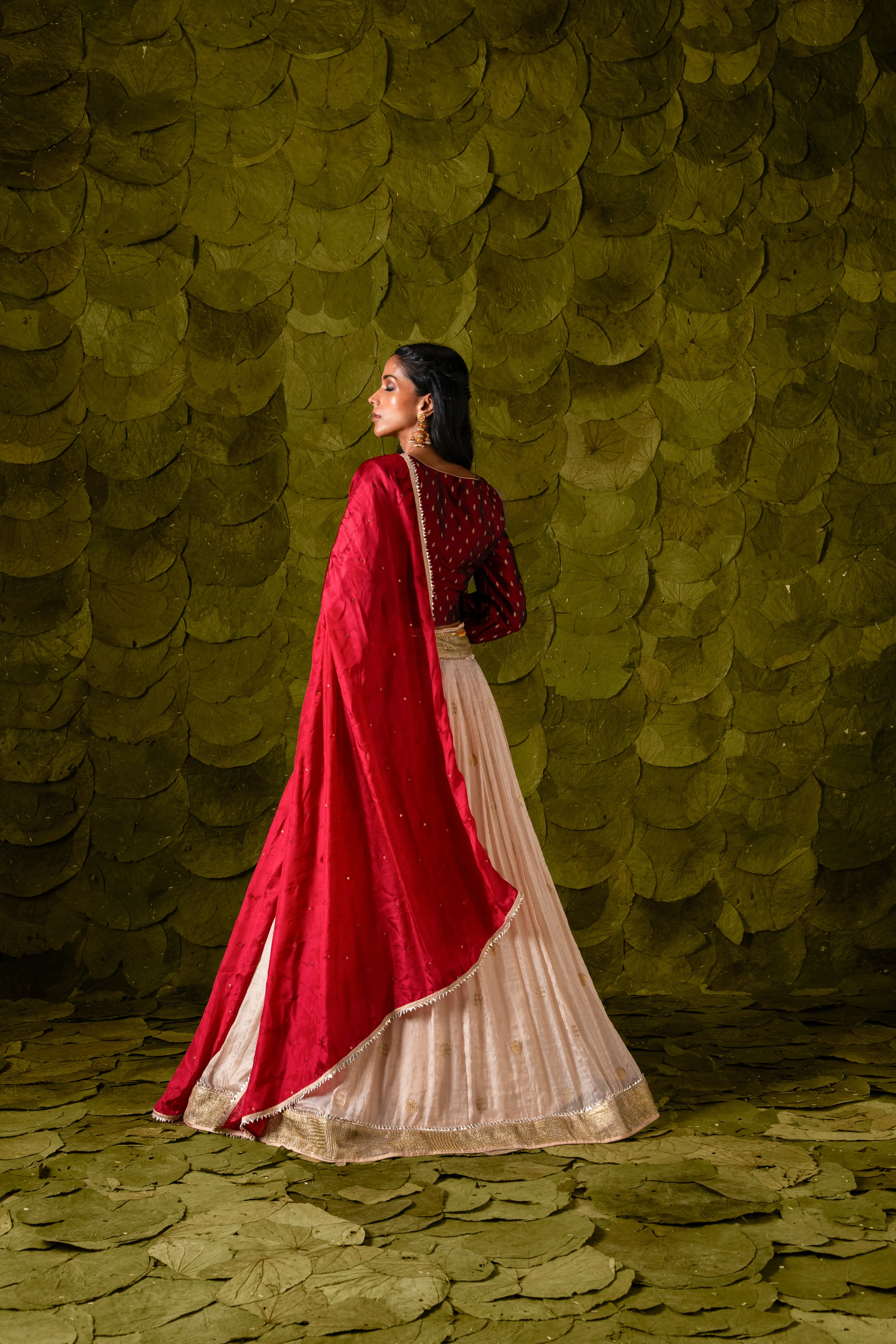 Aṭṭige (ಅತ್ತಿಗೆ) Lehenga in Blood Red Maroon and Rose Dust Off-White