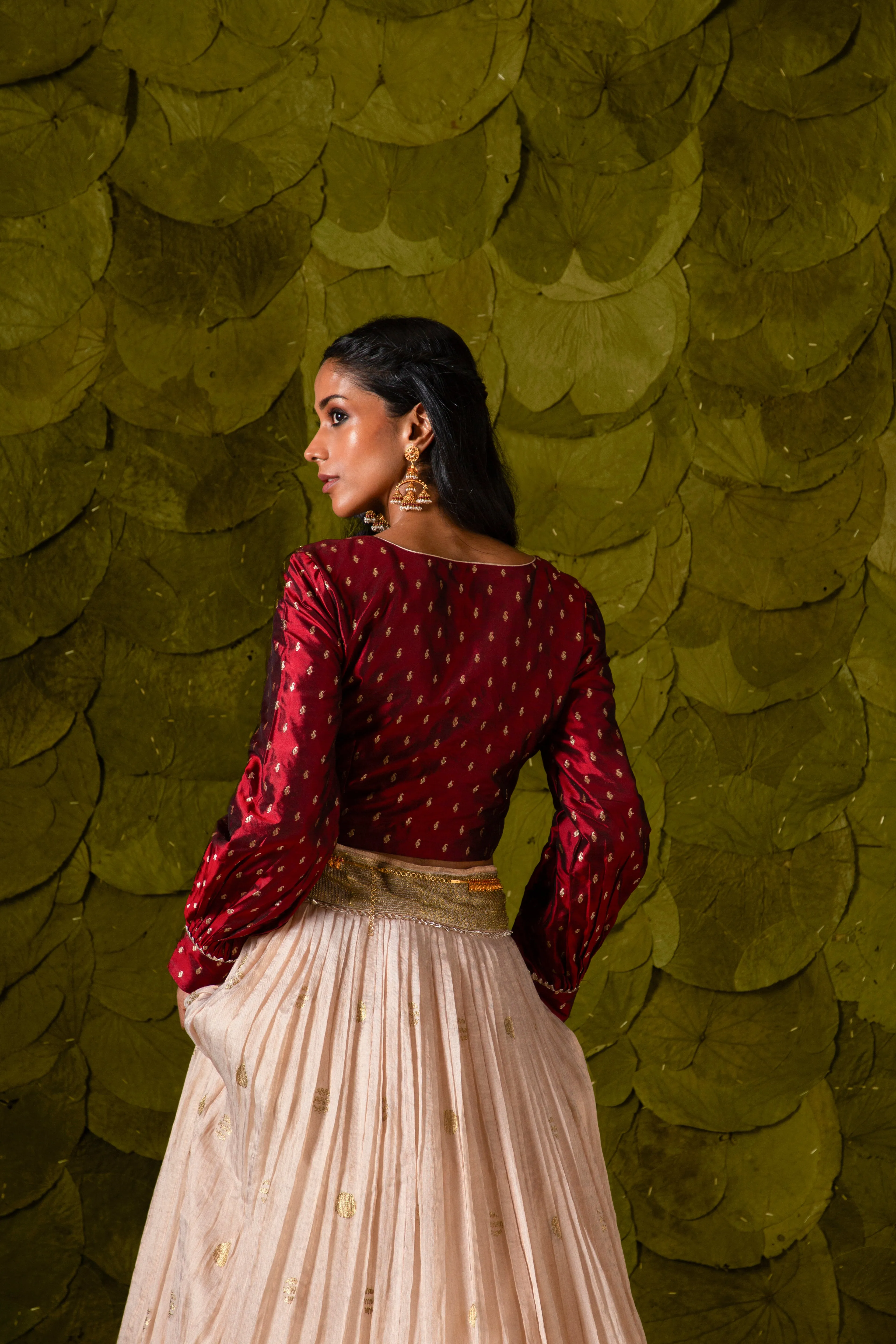 Aṭṭige (ಅತ್ತಿಗೆ) Lehenga in Blood Red Maroon and Rose Dust Off-White