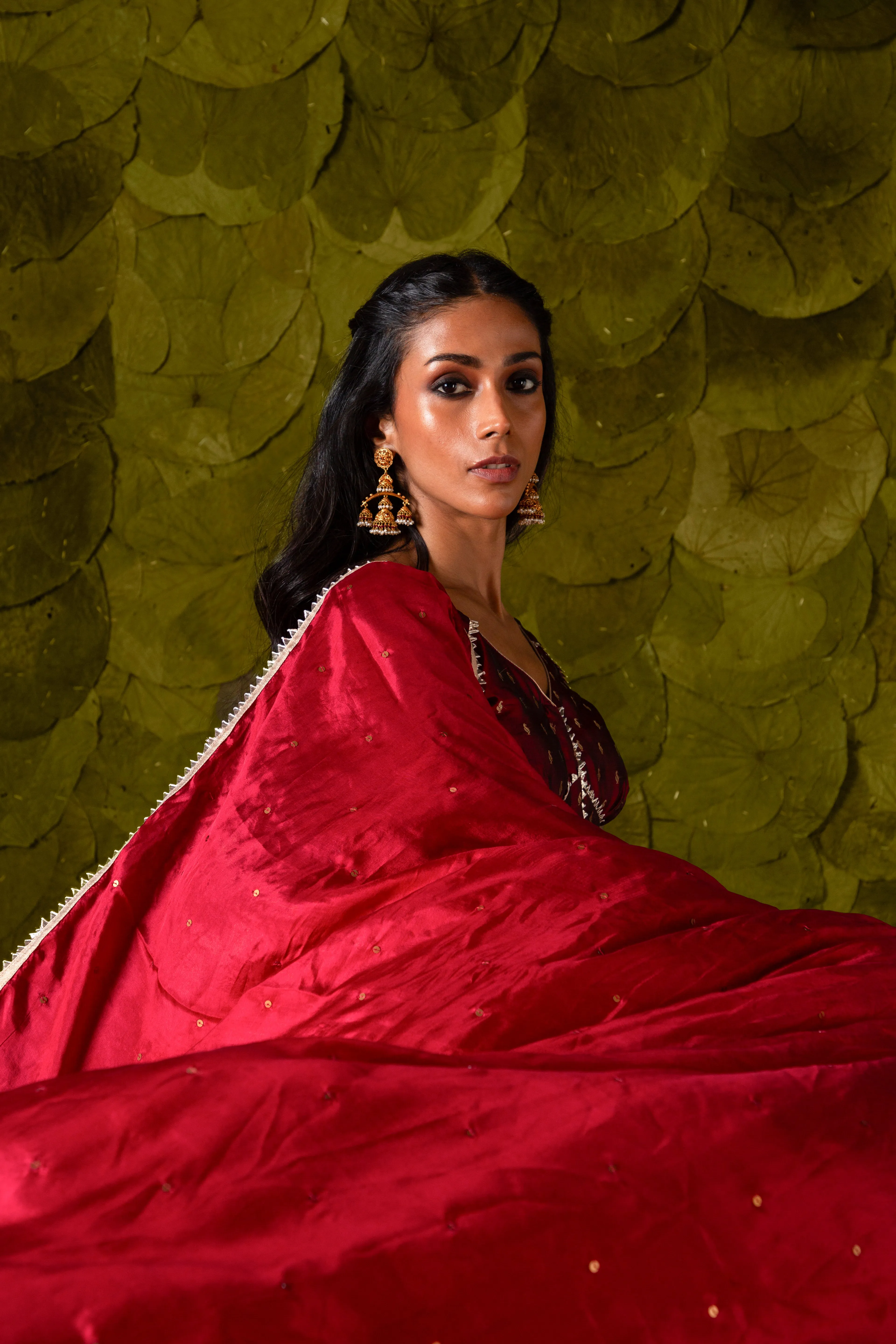 Aṭṭige (ಅತ್ತಿಗೆ) Lehenga in Blood Red Maroon and Rose Dust Off-White