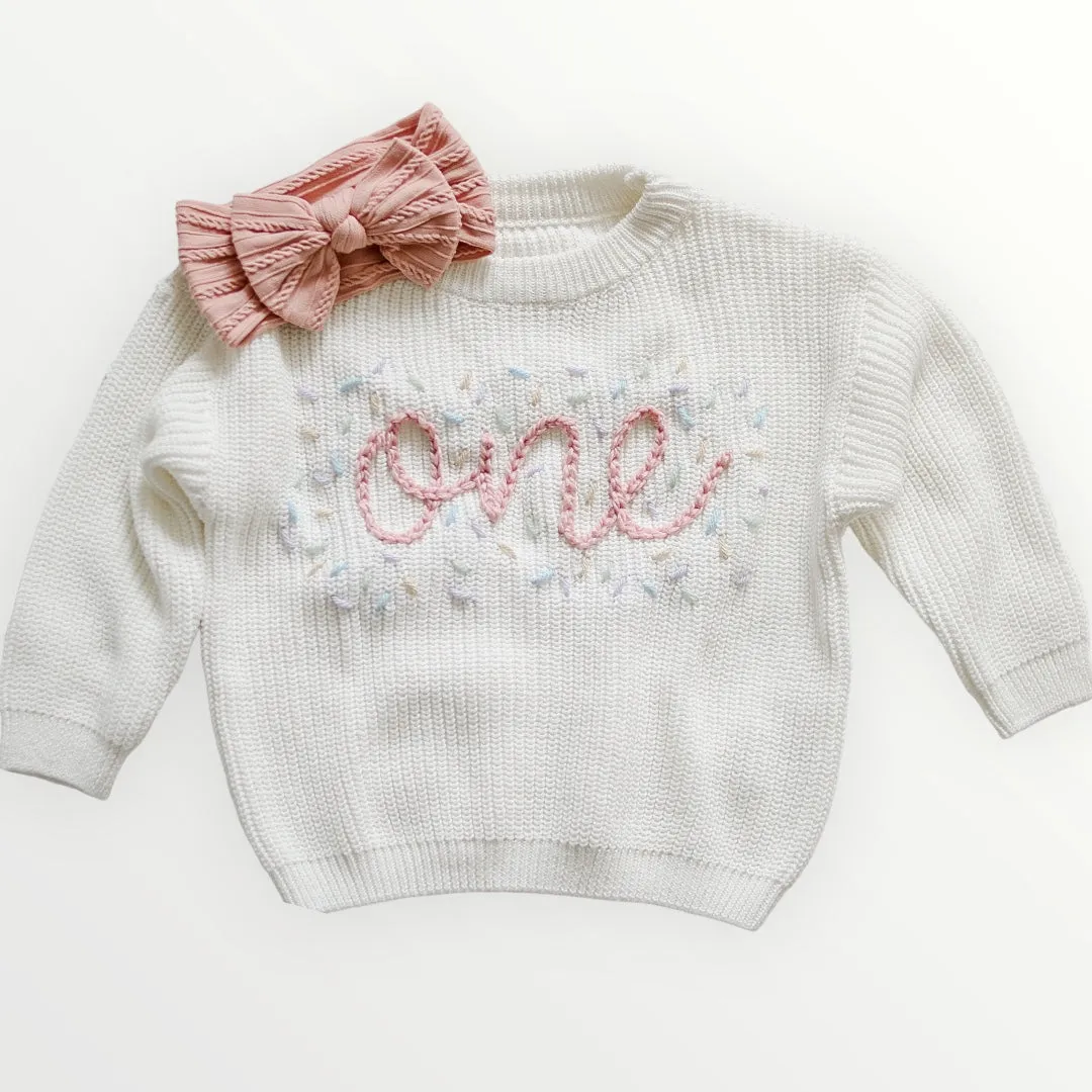 BIRTHDAY Hand-embroidered Chunky Sweater - White