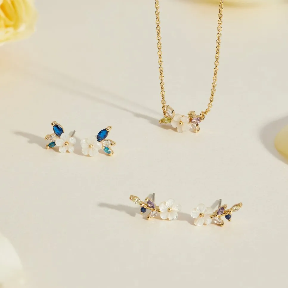 Crystal White Blossom Blue Earrings