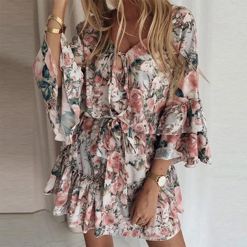 Elegant Floral Print A Line Dress Summer Bohemian V Neck Ruffles Chiffon Dress Women Casual Beach Party Mini Dress Oversized 2XL