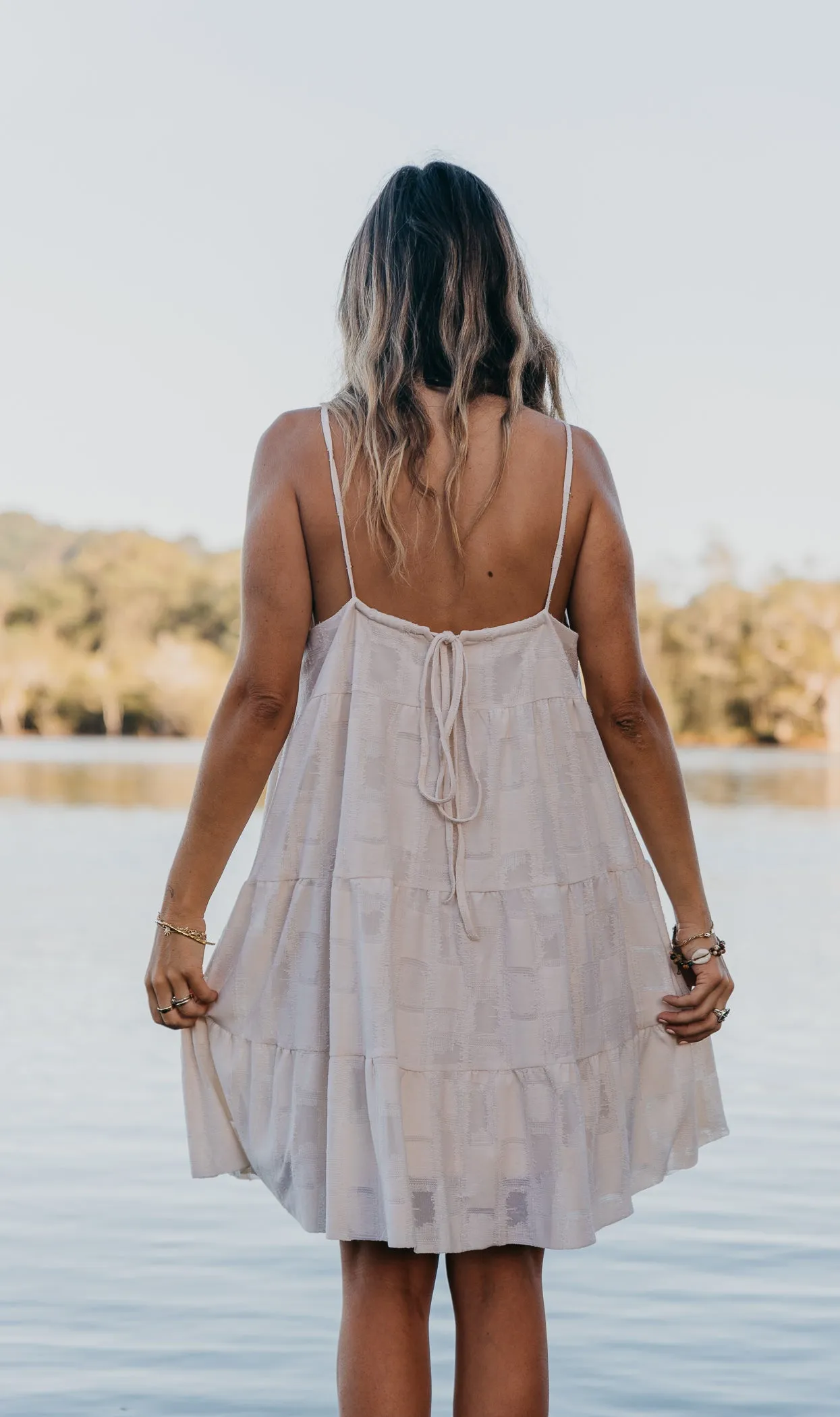 Ember - Textured Check Short Dress - White