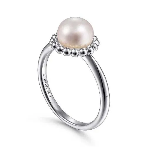 Gabriel & Co. Pearl Ring with Bujukan Beaded Halo in Sterling Silver