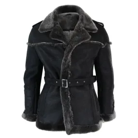 Men's Double Breasted Sherling Navy Captain Sheepskin Belted Jacket