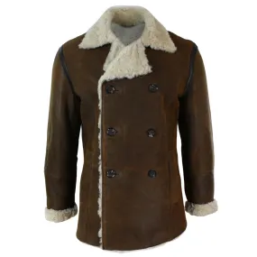 Men's Shearling German Navy Sheepskin Double Breasted Jacket Khaki Black