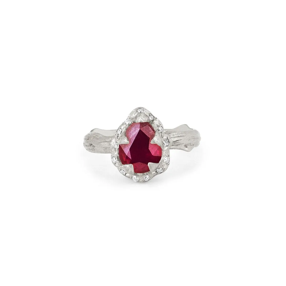 Micro Queen Water Drop Ruby Rose Thorn Ring with Sprinkled Diamonds