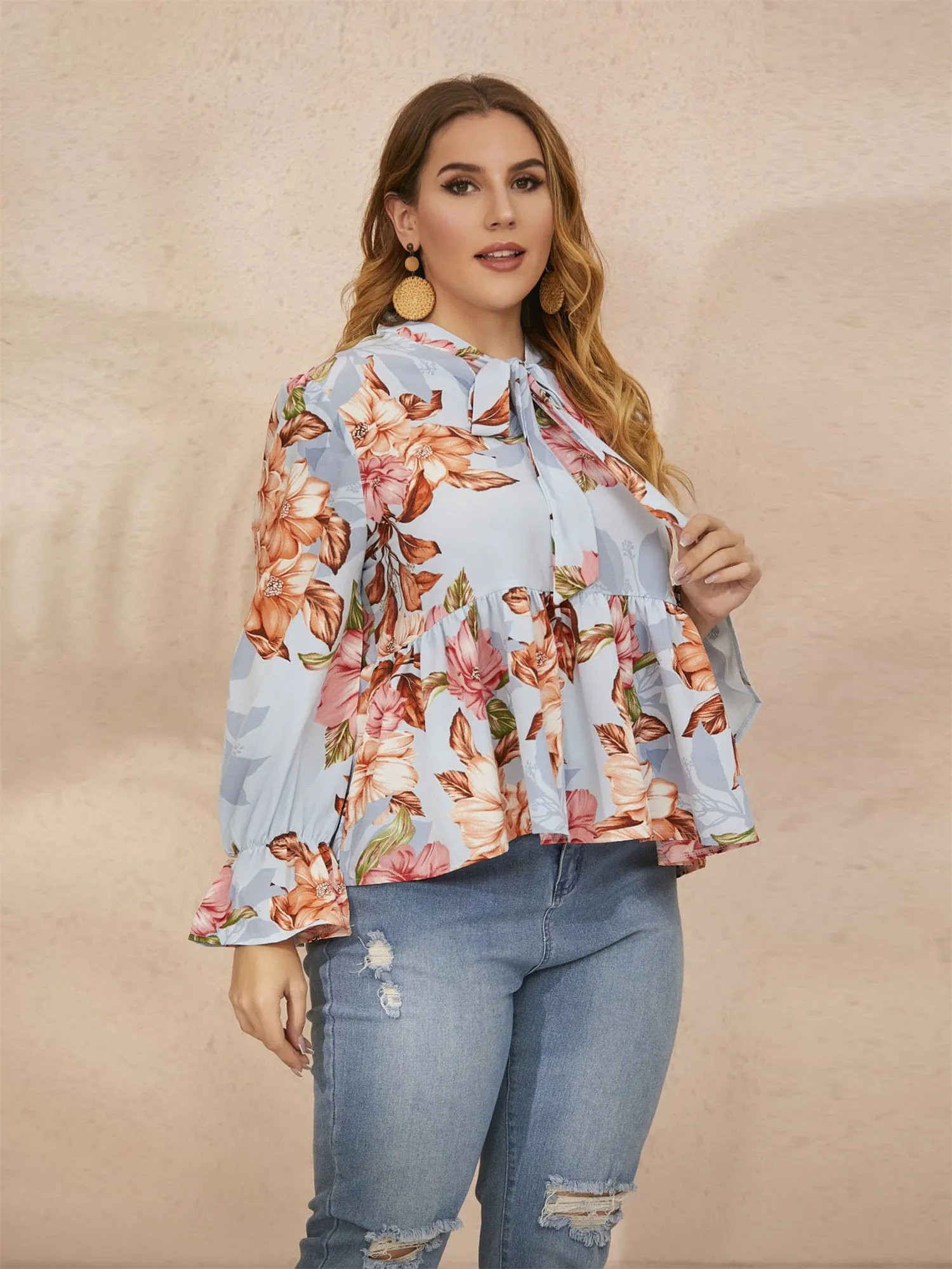 Midsize Floral Print Pussy Bow Blouse