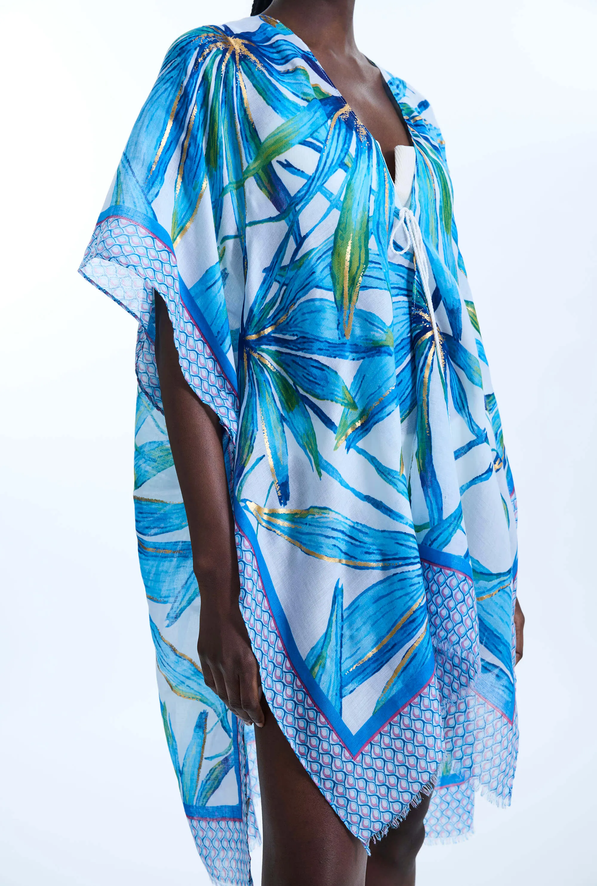 Palm Gold Detail Kaftan Blue