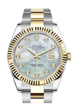 Rolex Datejust 41 Yellow Gold & Steel Fluted Bezel White Mother Of Pearl Diamond Dial Oyster (Ref # 126333)