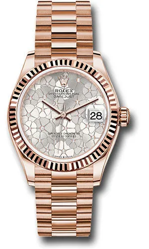 Rolex Everose Gold Datejust 31 Watch - Fluted Bezel - Silver Floral Motif Diamond Dial - President Bracelet - 278275 sflomdp