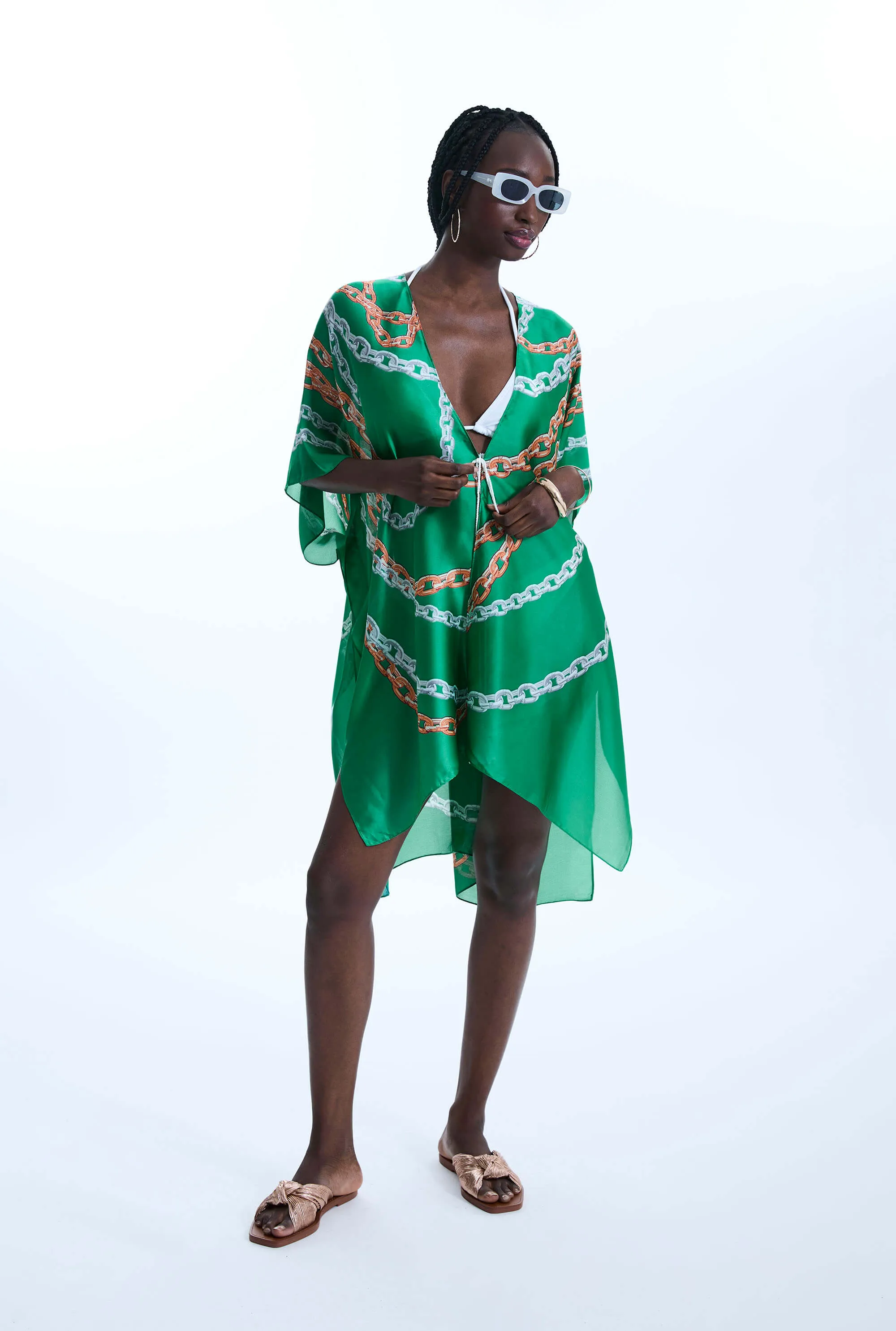 Satin Finish Chain Print Kaftan Green