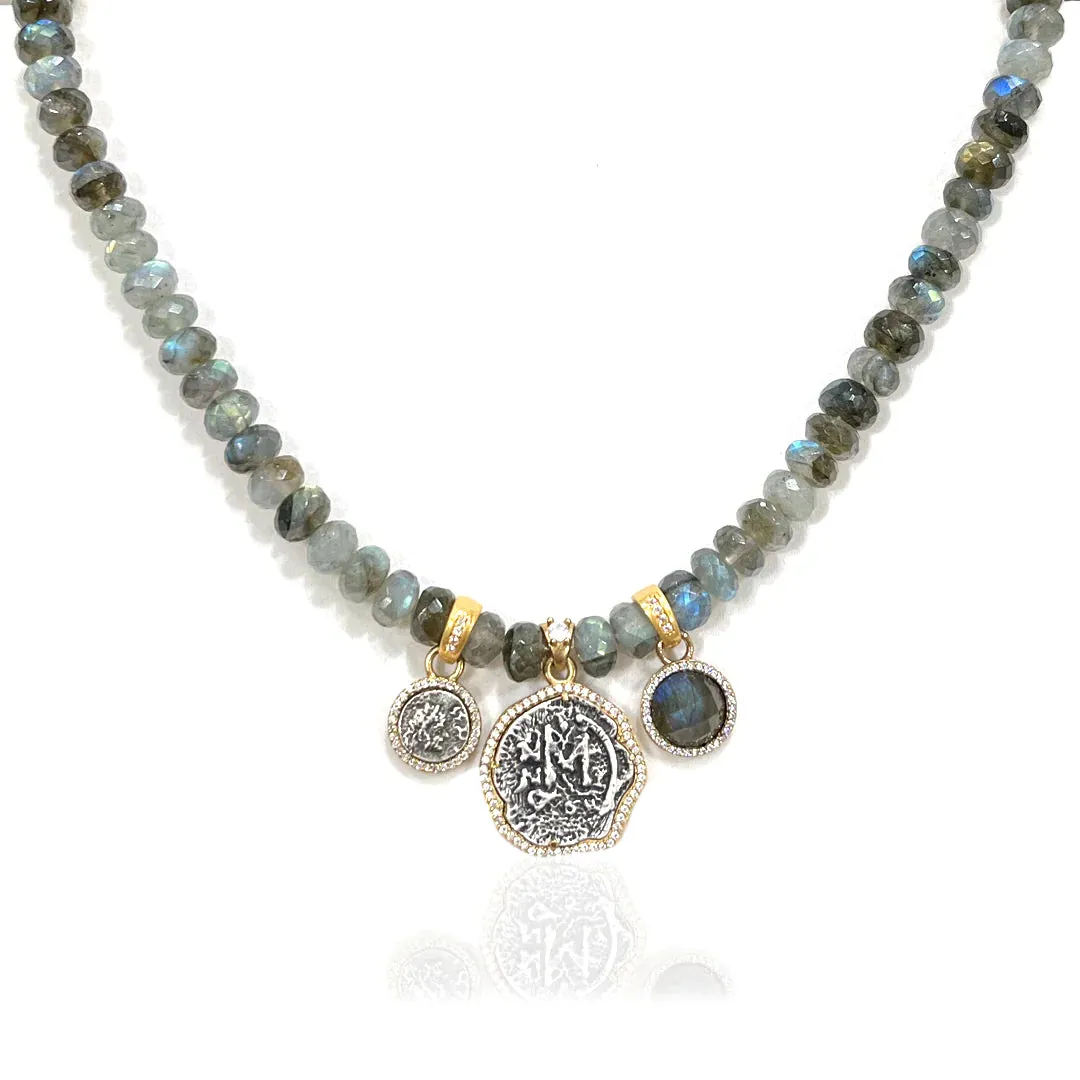 Tat2 Designs Labradorite Rondelle Gold Triple Charm Mini Molat Necklace